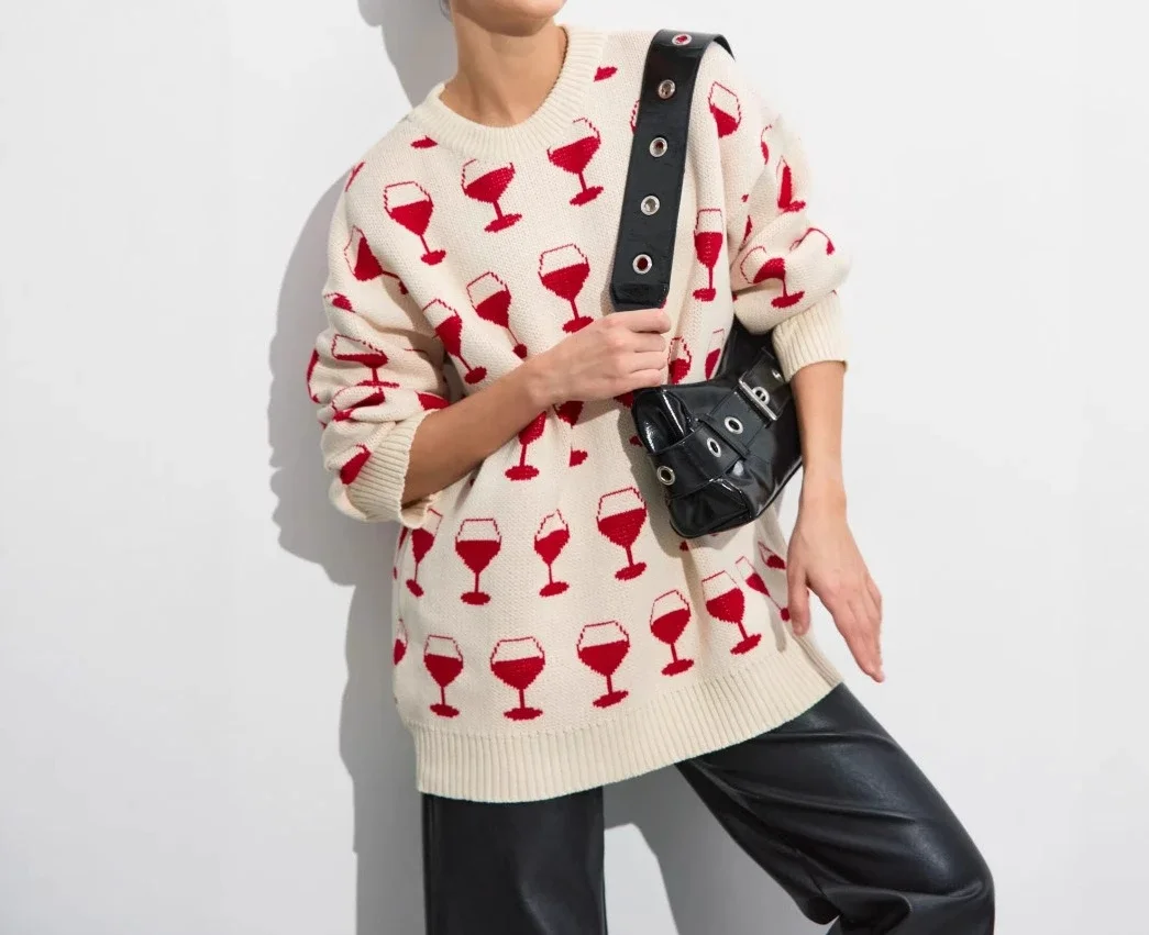 

2025 Knitted Crew Neck Sweater Women's Spring and Autumn Cute Red Wine Glass Jacquard Loose Knit Sweater Jacket Women