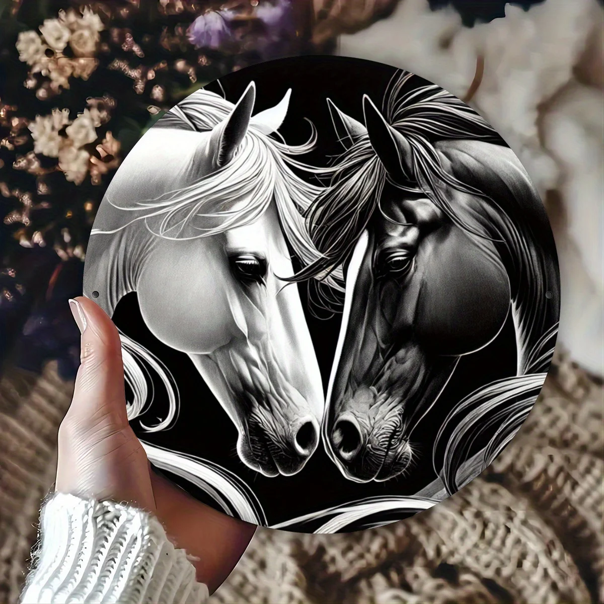 لوحة فنية جدارية أنيقة باللونين الأبيض والأسود على شكل حصان، مقاس 7.87 × 7.87 بوصة - ألومنيوم متين، مقاوم للماء والغبار، مثالية للمنزل والبار والمقهى #3