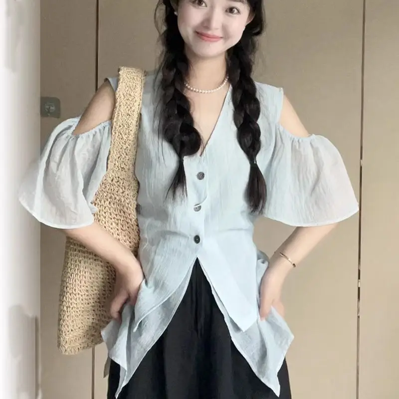 

Women Summer Sweet Slim Appear Thin Off Shoulder Solid Color Short Sleeve Shirts Ladies Fashion Temperament All-match Trend Tops