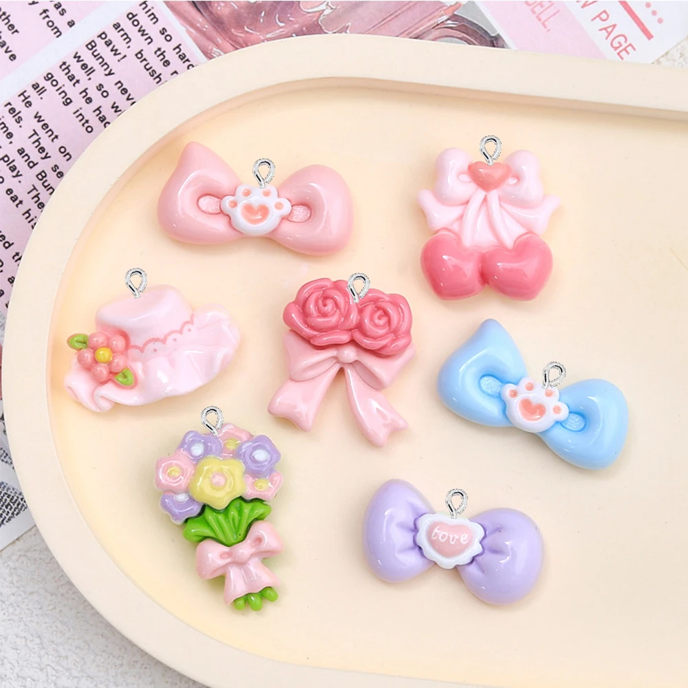 10PCS Shiny Flower Bow Tie Series Flat Back Charms For Earrings Bracelet Hairpin DIY Jewelry Pendants Decoration Accessories