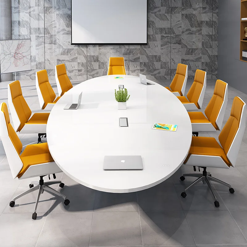 White painted oval conference table, simple modern combination of large and small office desks and chairs