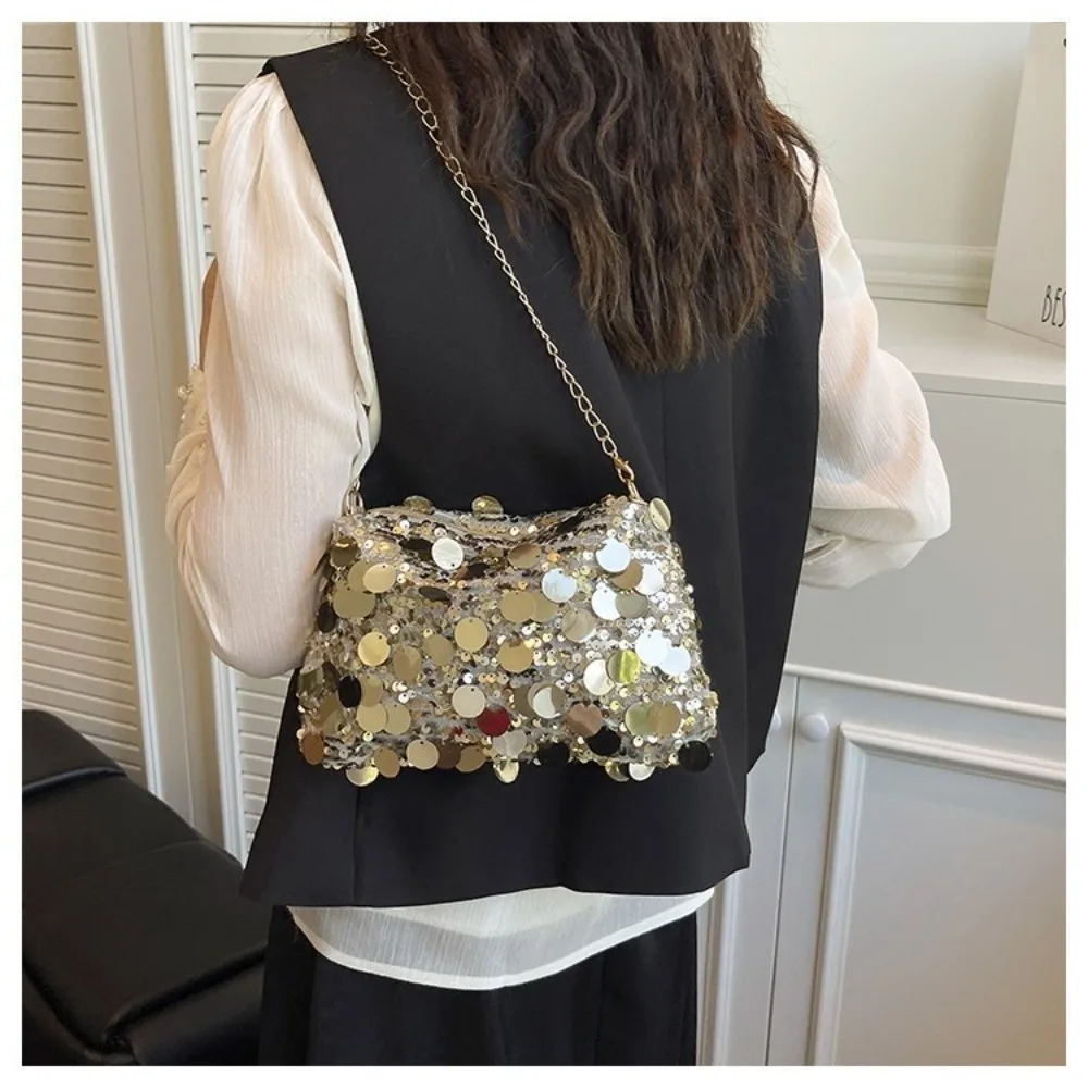 INS Elegant Sequin Shoulder Bag Blingbling Large Capacity Chain Tote Bag Glitter Phone Purse Female Handbag Banquet