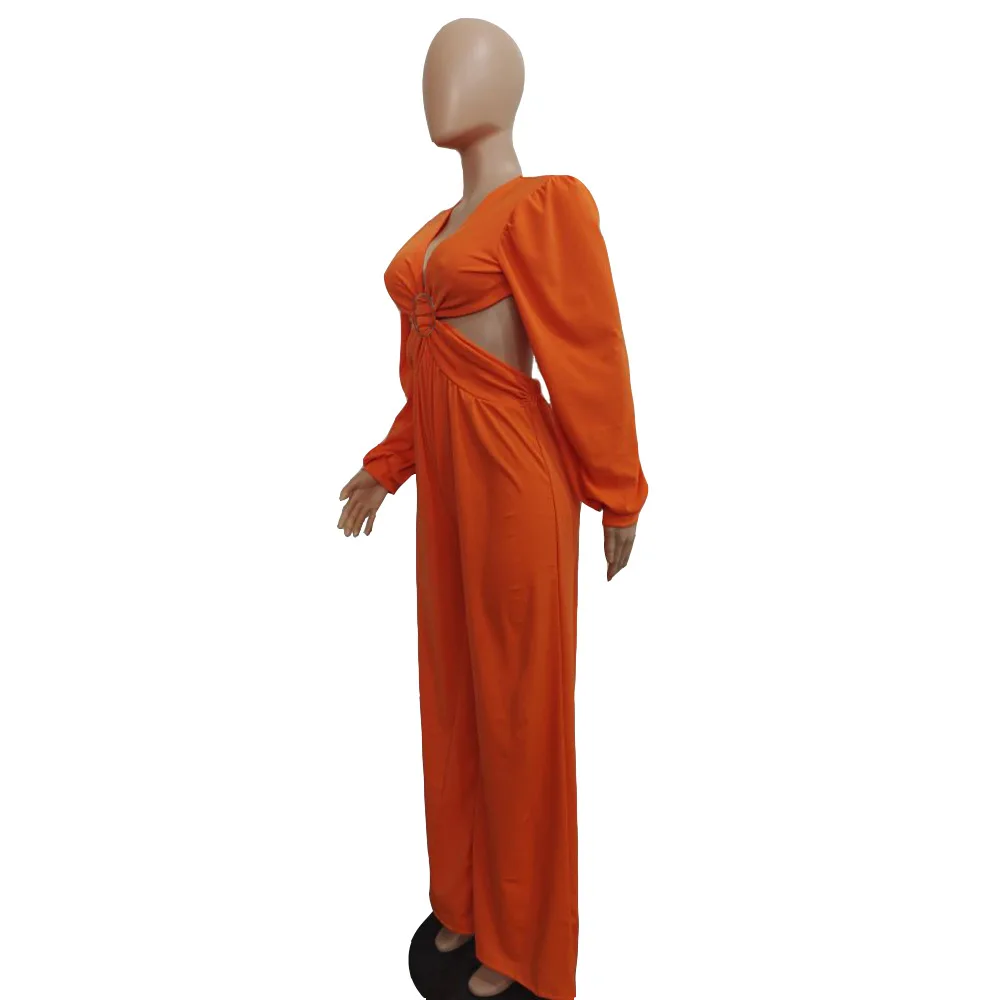 Spring Summer Women Jumpsuit Backless Hollow Out V Neck Pleated Solid Color Long Romper Women Jumpsuit Overalls