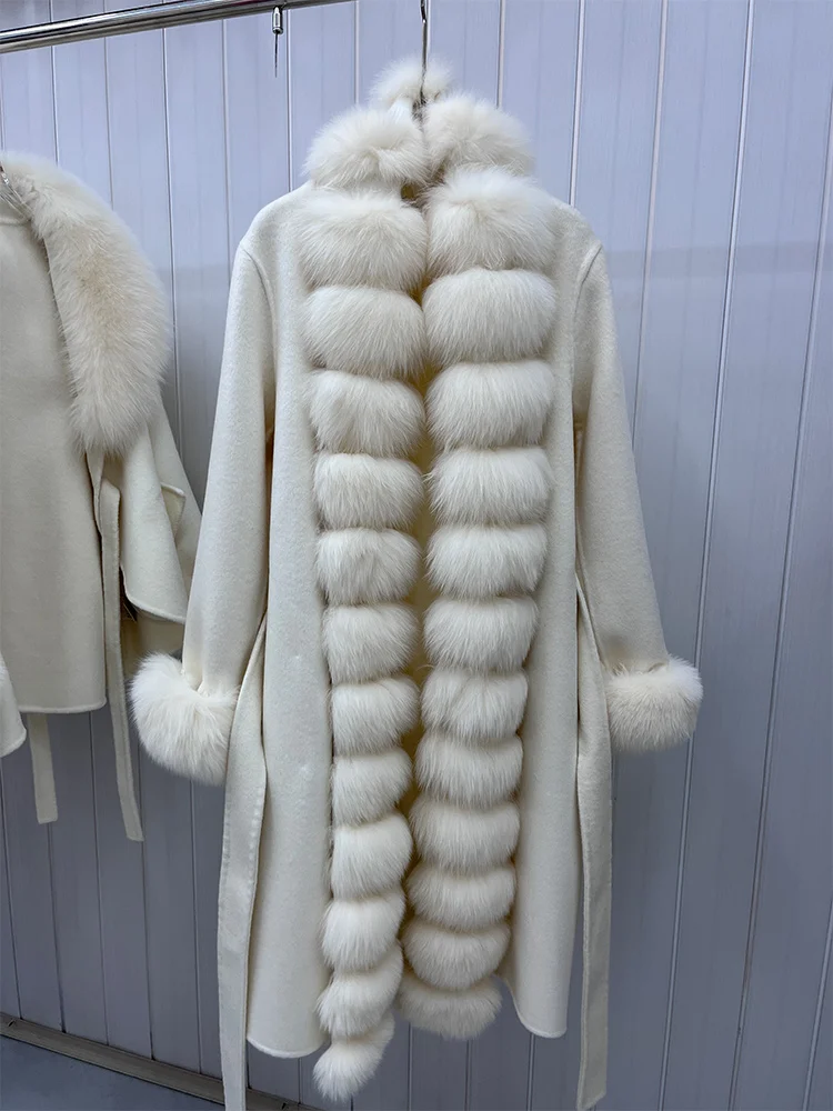 새로운 패션 겨울 울 재킷 여성용 천연 리얼 폭스 퍼 칼라 두꺼운 따뜻한 울 롱 코트 벨트 럭셔리 스트리트웨어 아우터