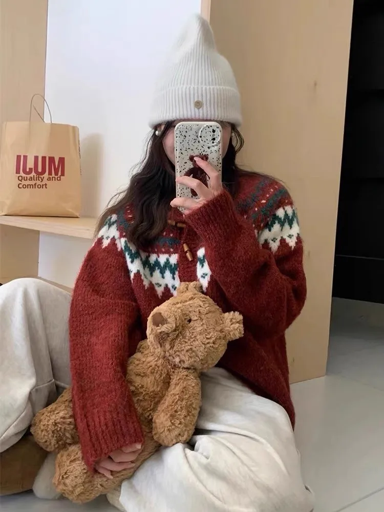 

Ретро-кардиган на пуговицах с вязаным узором для женщин, свободный, осенне-зимний, утепленный, с круглым вырезом, длинными рукавами, вязаная кофта