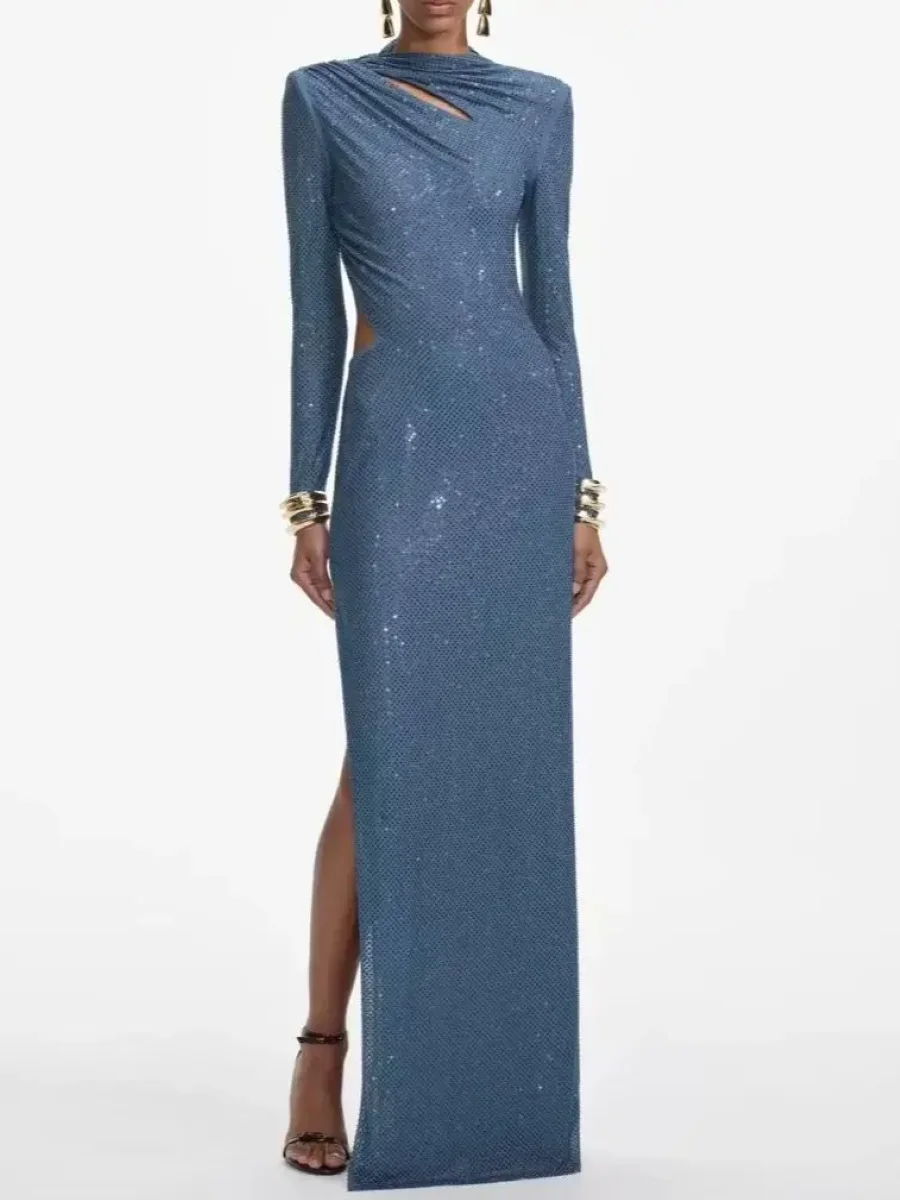 

Hot Diamond Women's Split Maxi Dress 2025 New Backless Long Sleeve Round Neck Slim Fashion Robe