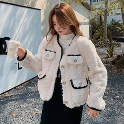 Lucyever Korean Chic White Lamb Wool Jacket Ladies Fashion Streetwear Warm Plush Outwear Women Autumn Winter New Faux Fur Coat