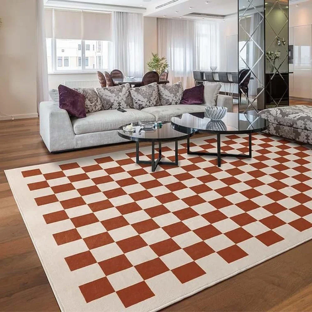 Red Checkerboard Carpet for Living Room, Big Size, Non-slip Floor Mat, Bedroom Decoration, Yellow Plaid Large Rug, Soft Machine