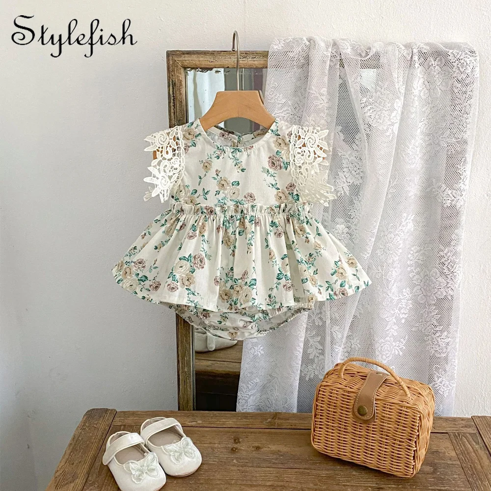 

Новая летняя детская одежда для детей 0-3 лет, юбка для девочки, кружевная юбка с летящими рукавами и принтом, комбинезон.