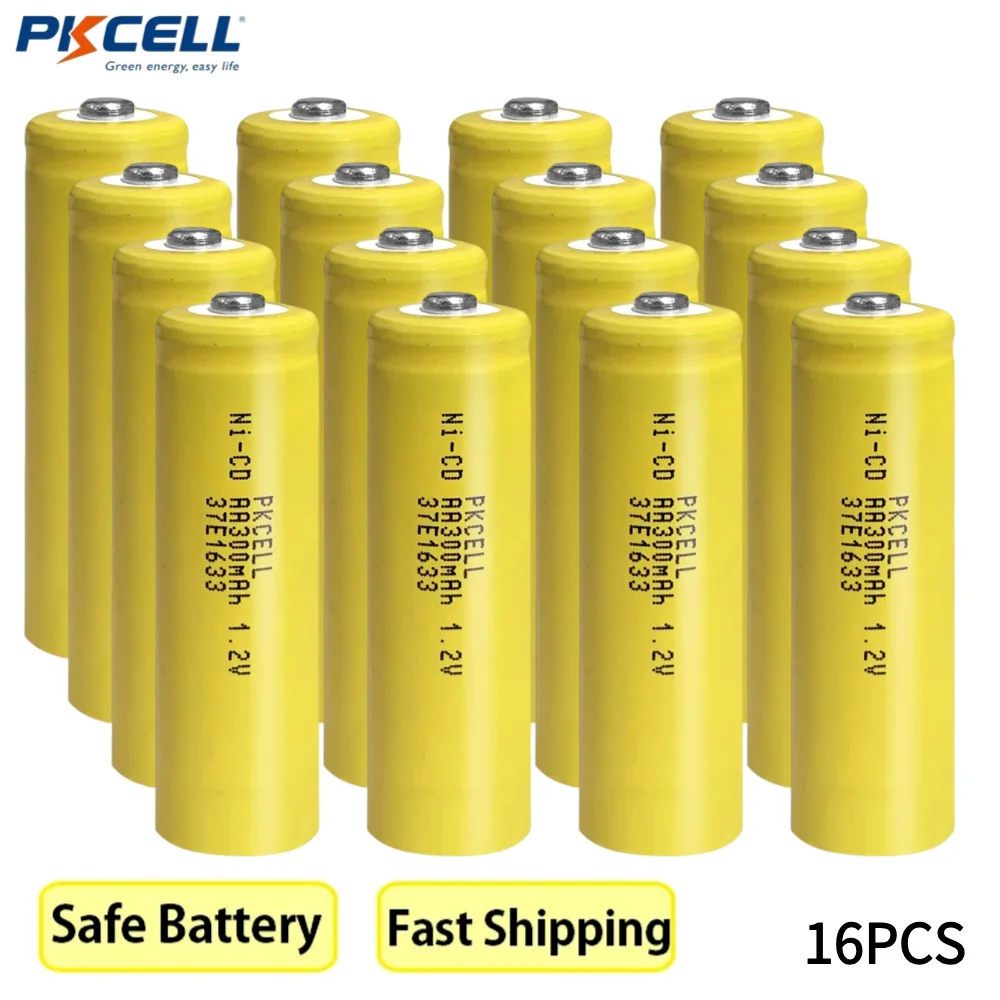 16PCS PKCELL AA 300mAh Ni-Cd Ni-Cad 1.2V Rechargeable Battery Double-A 1.2v NiCd Rechargeable Battery Button Top For Solar Light