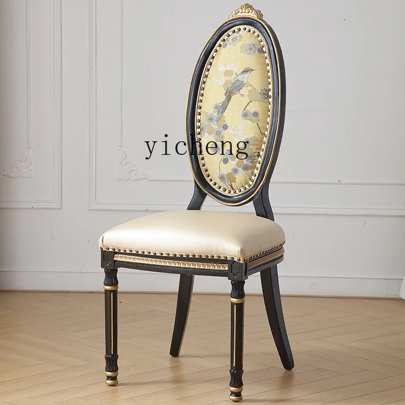 Palace Style New Chinese Solid Wood Painted Luxury Villa with Turntable Marble Round Dining Table and Chairs