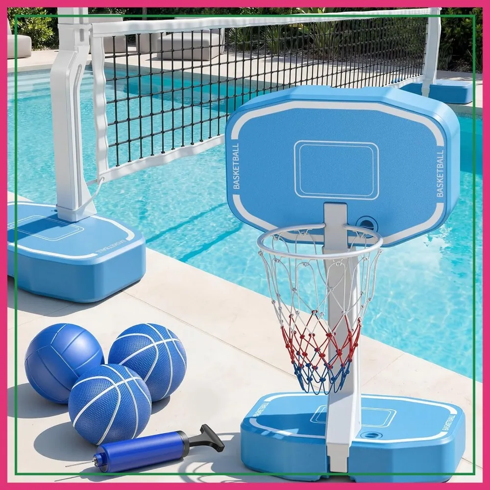 

2-in-1 Pool Volleyball & Basketball Set with 3 Balls, 2 Bases, Pump for Inground Pools