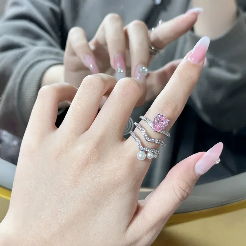 MDL مويسانيتي نمط اللؤلؤ تاج التراص الدائري النساء 18 كيلو مطلي مشع الوردي مائة مطابقة السبابة البنصر #2