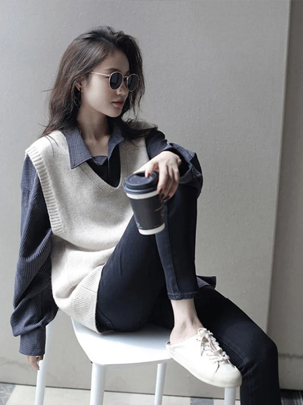 

Мягкий ветер T, корейский вязаный шерстяной жилет с v-образным вырезом, женский весенне-осенний верхняя одежда, свитер, многослойный жилет