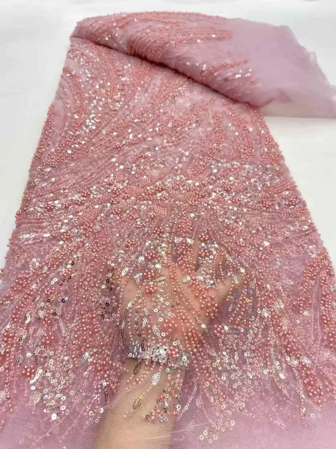 French Beaded Sequins Lace Fabric High Quality 5 Yard Mesh Tulle African Lace Fabric Nigerian Wedding Dress for Women-DP