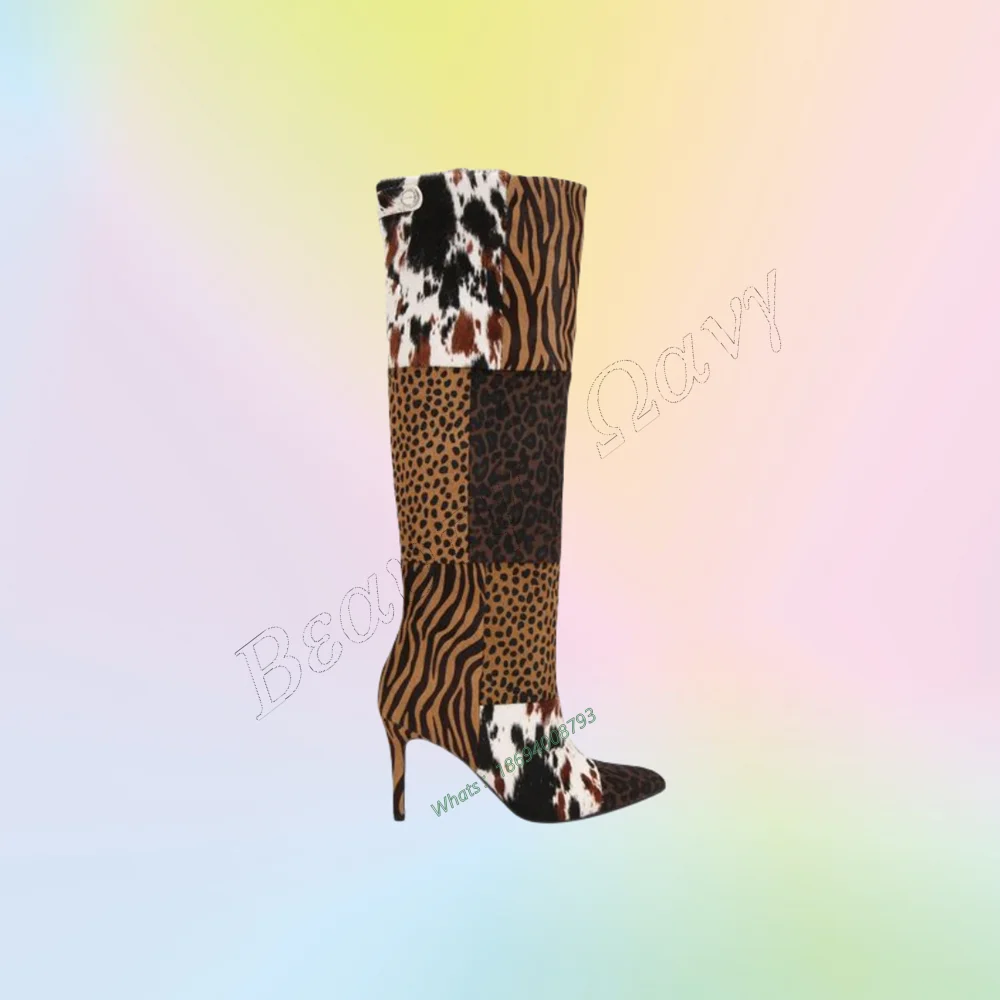 

Mixed Color Patchwork Boots Milk Cow Pattern Worm Mid Calf Thin Heel Shoes for Women Low Heels New Arrival Zapatos Para Mujere