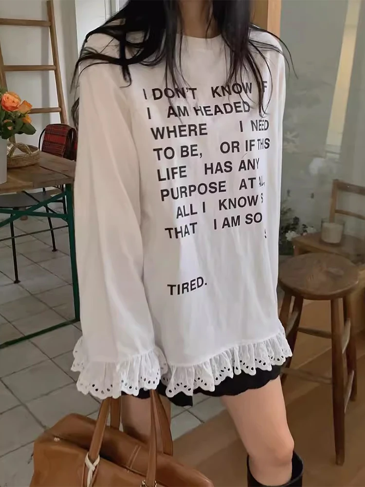 

Spring New Chic Long Sve T-irt Letter Print Splicing Lace Trim Design Loose Top for Younger Looking Commute Sle Polyes...
