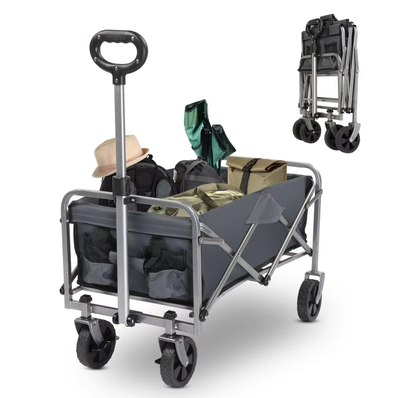 600D Oxford-Gewebe, flach zusammenklappbarer Gartenwagen, 100 kg Tragfähigkeit, Stahlrahmen, graues Tuch, silberner Rahmen, 74,5x45,5x84cm