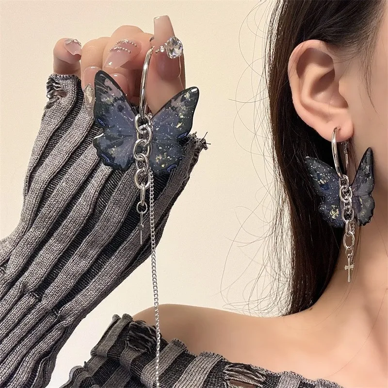 HUANZHI Vintage Punk Blue Butterfly Cross Chain Tassel Earrings Personalized Exaggerated  Chunky Jewelry for Women Unisex New