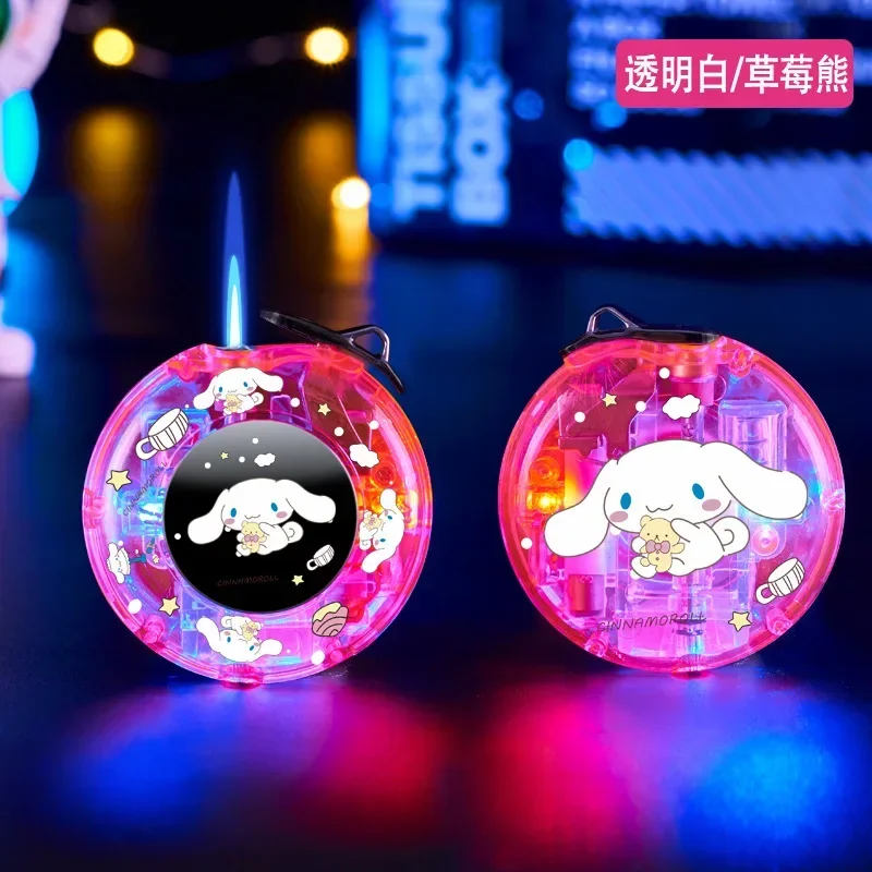 New Kuromi Hello Kitty Melody Windproof Rotating Fingertip Gyro Lighter Transparent Colorful Creative Sanrio Pink Flame Lighters