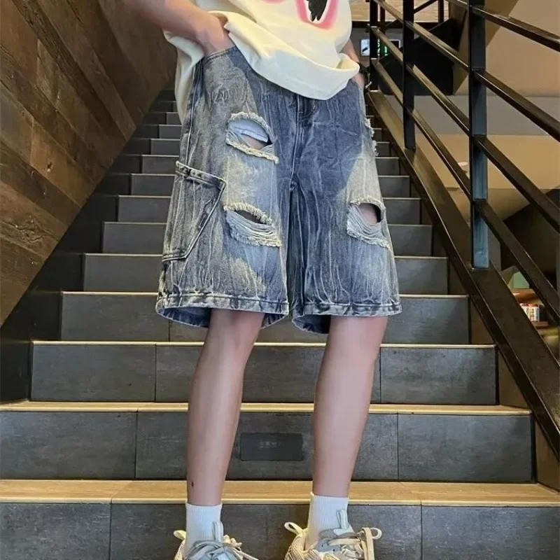 

Short Jeans Pants for Men Ripped Wide Baggy with Pockets Half Loose Bermuda Straight Man Denim Shorts Long New in Stretch Cowboy