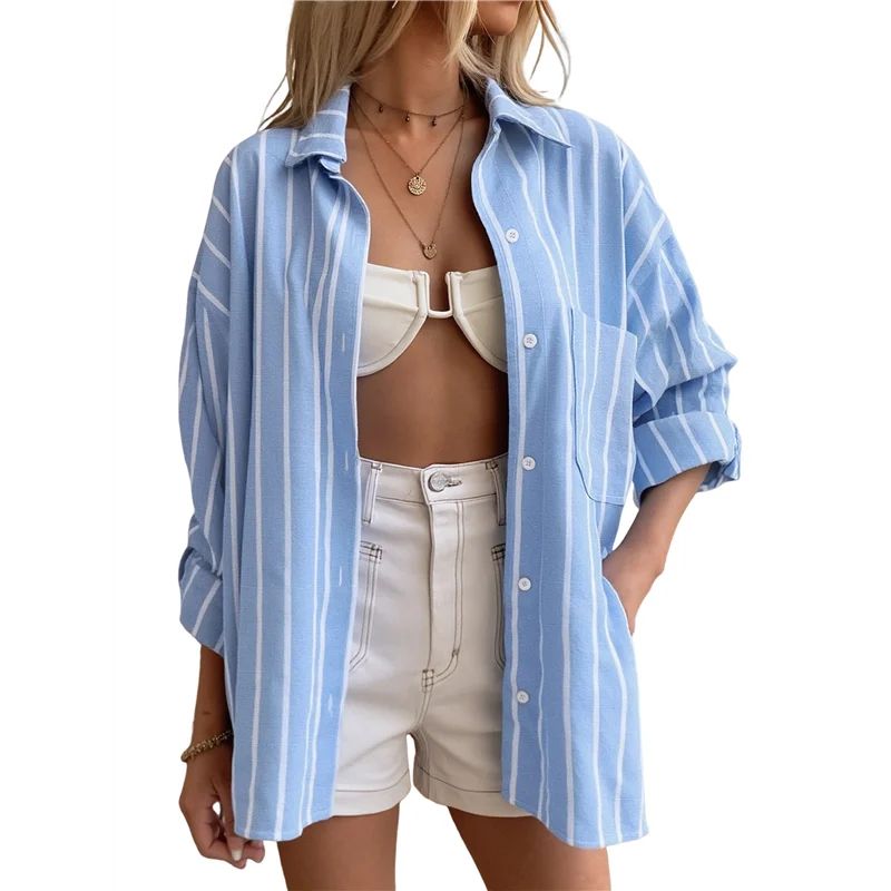 

CYL-Womens Striped Oversized Button Down Shirts Long Sleeve Collared Blouses Shackets For Women