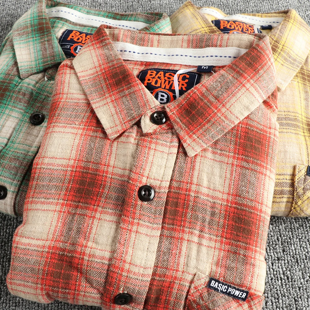 

Осенняя новая американская ретро клетчатая рубашка-карго с длинными рукавами и лацканами, мужская мода, 100% хлопок, потертая старая матовая ткань, карманные блузки