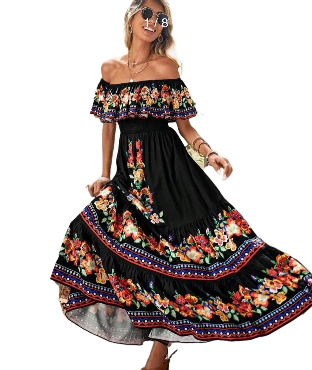 

Off-shoulder Printing Long Dress New Arrival European American Foreign Trade Spring Summer Season Women Fashion