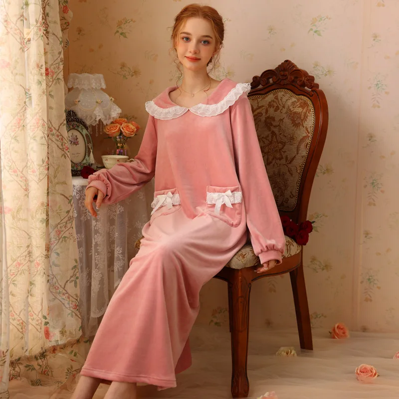 

Women Long Sleeve Nightdress Sweet Velour Solid Color Nightgown Romantic Princess Sleepwear Nightwear Fairy Pockets Night Dress