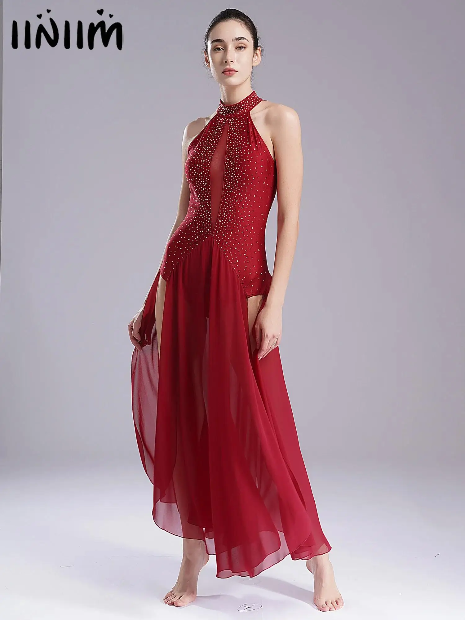 

Women's Elegant Hollow Back Dancing Party Contemporary Lyrical Modern Ballroom Dance Long Dress Waltz Performance Stage Wear