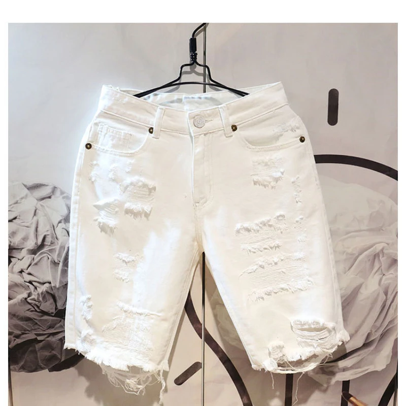 

2022 Summer Fashion Cropped Men's Tattered Ripped Shorts Loose Straight Casual White Denim Pants Streetwear Men Boyfriend Jeans