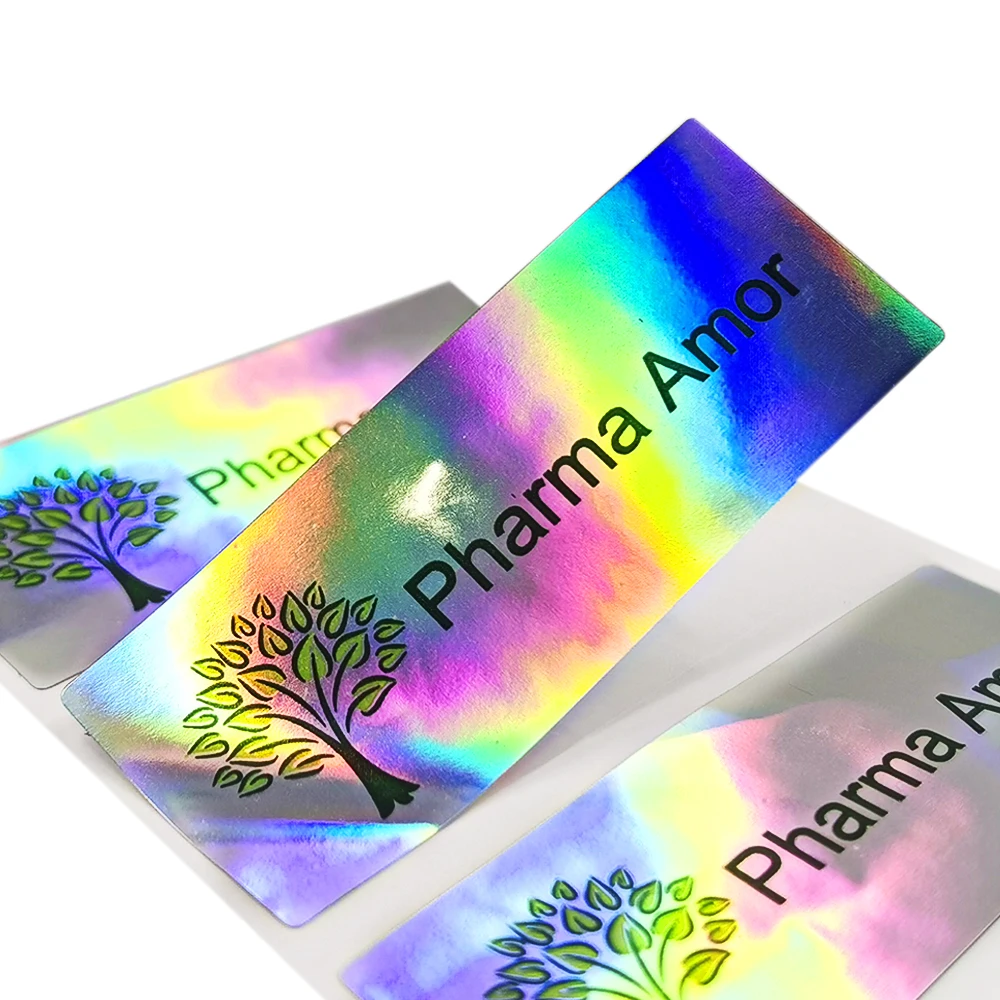 100pcs 50x20mm Custom Printing 2D Silver Holographic Shiny Stickers Self Adhesive Water proof With Your Business Name Brand Logo