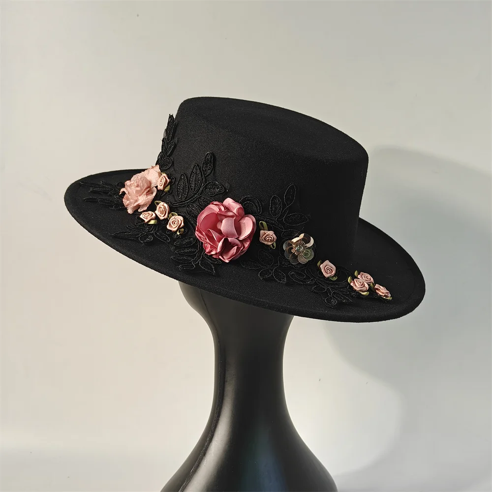 Autumn Winter New Flower Wedding Fedora Hat for Women Wide Brim Black Flat Top Hat Church Bowler New Cap chapeau femme