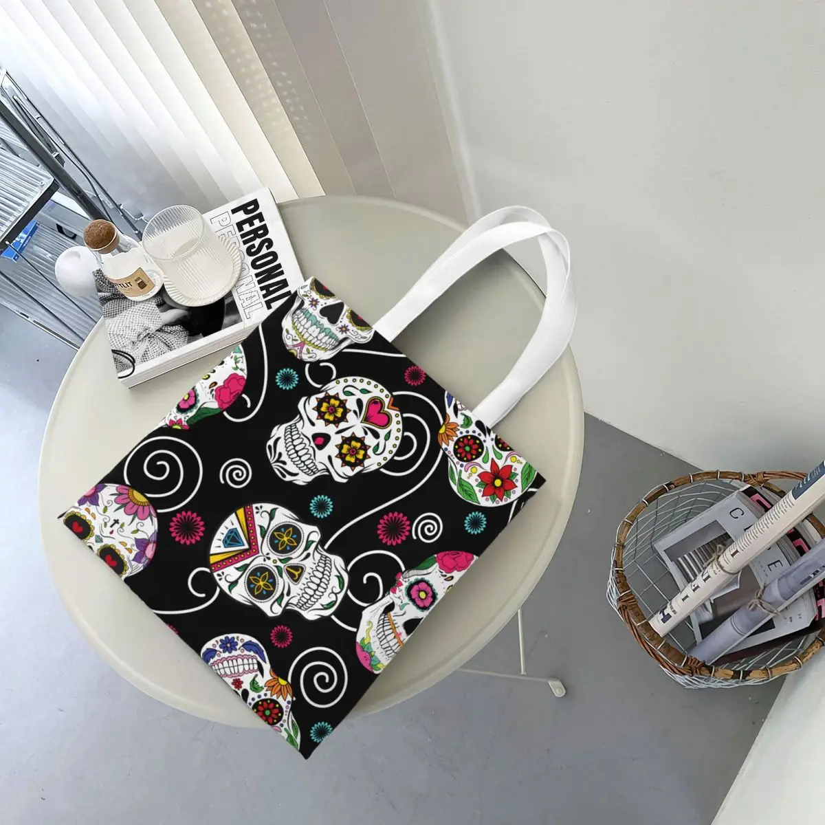 حقيبة يد من القماش على شكل جمجمة السكر لهدايا الهالوين، حقائب كتف يوم الموتى، حقائب تسوق ذات سعة كبيرة للنساء #4