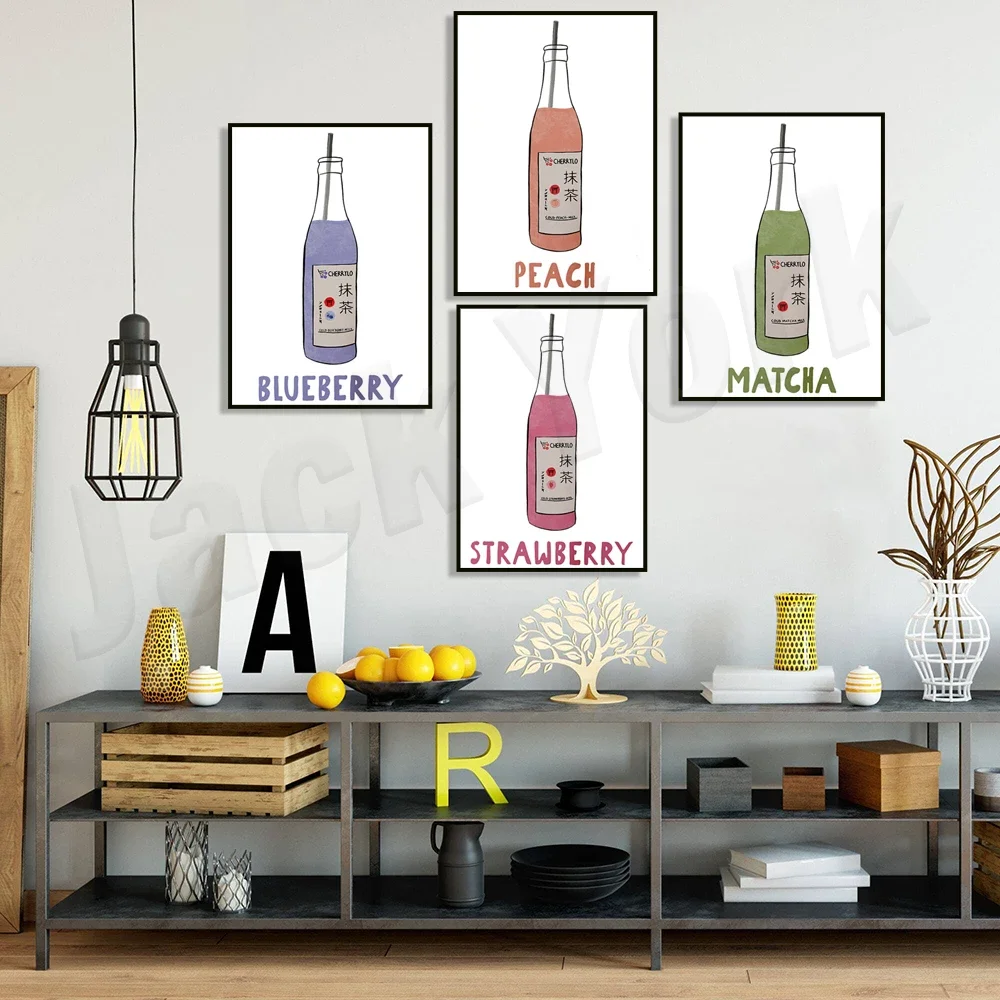 Japanese art drink, peach, strawberry, blueberry, matcha drink print, japanese poster art, poster for bar kitchen decor