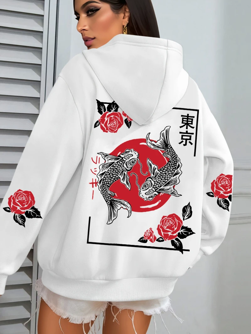 Sudadera con capucha con estampado Harajuku de pez rosa de Tokio Koi para mujer, Sudadera con capucha informal holgada, ropa de calle Multicolor de otoño, ropa de lana que combina con todo
