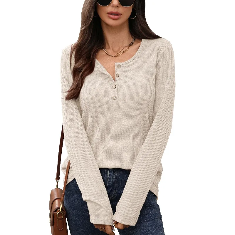 Blouse T-shirt Women's Autumn/Winter Solid Colour Round Neck Button-down Loose Fit Long Sleeves New Comfortable Minimalist Niche