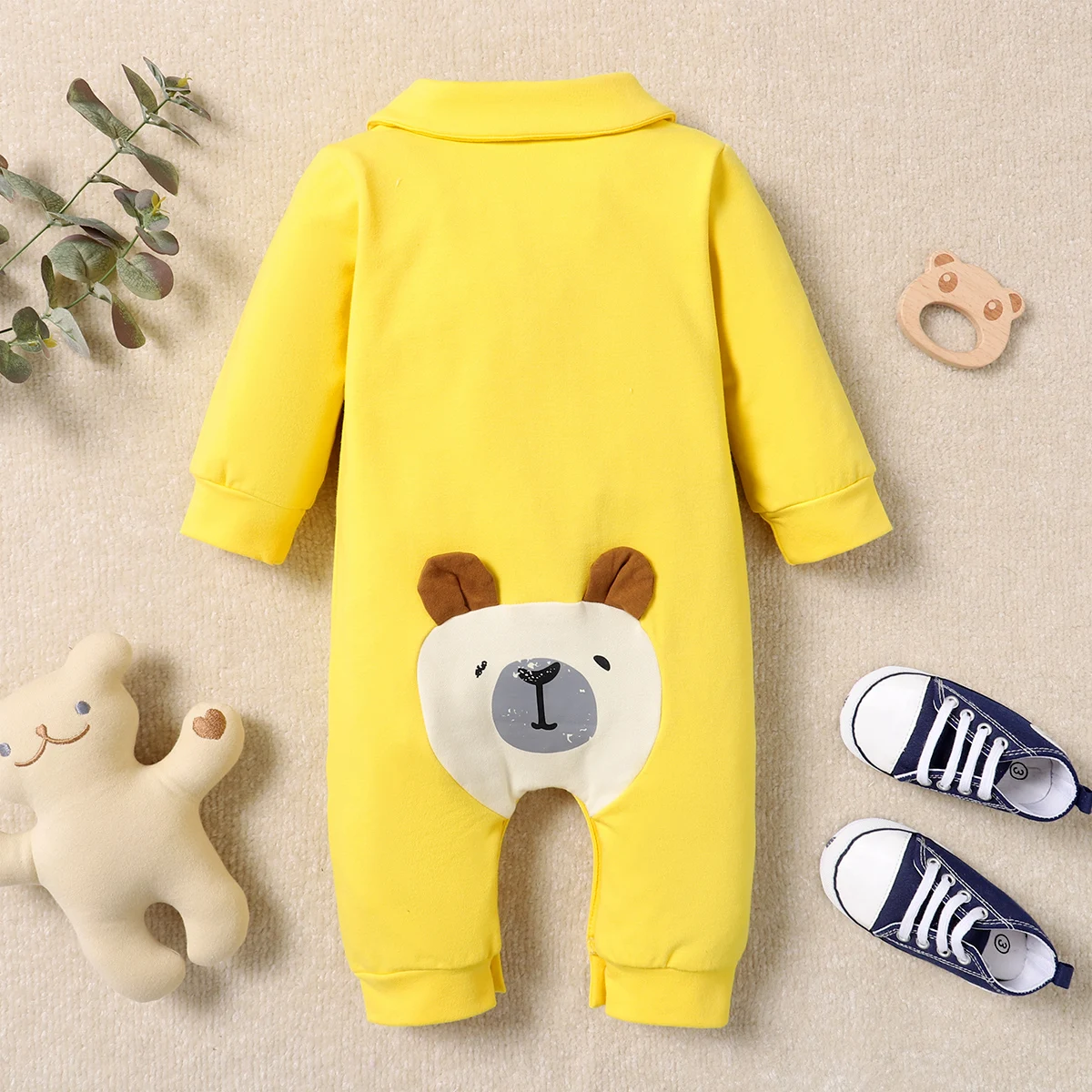 Newborn Long-Sleeved Jumpsuit, Bright Yellow Doll Collar with 3D Bear Print, Baby Romper, Versatile for Boys and Girls in Spring and Autumn, Suitable for Outdoor Wear