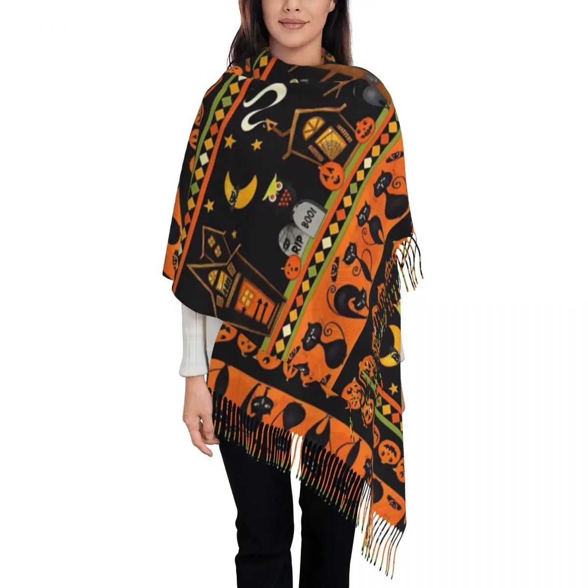 Halloween Shawl Wrap Womens Winter Warm Single-sided Pattern Scarf Gothic Bats Ghosts Witch Pashmina Shawl Scarves