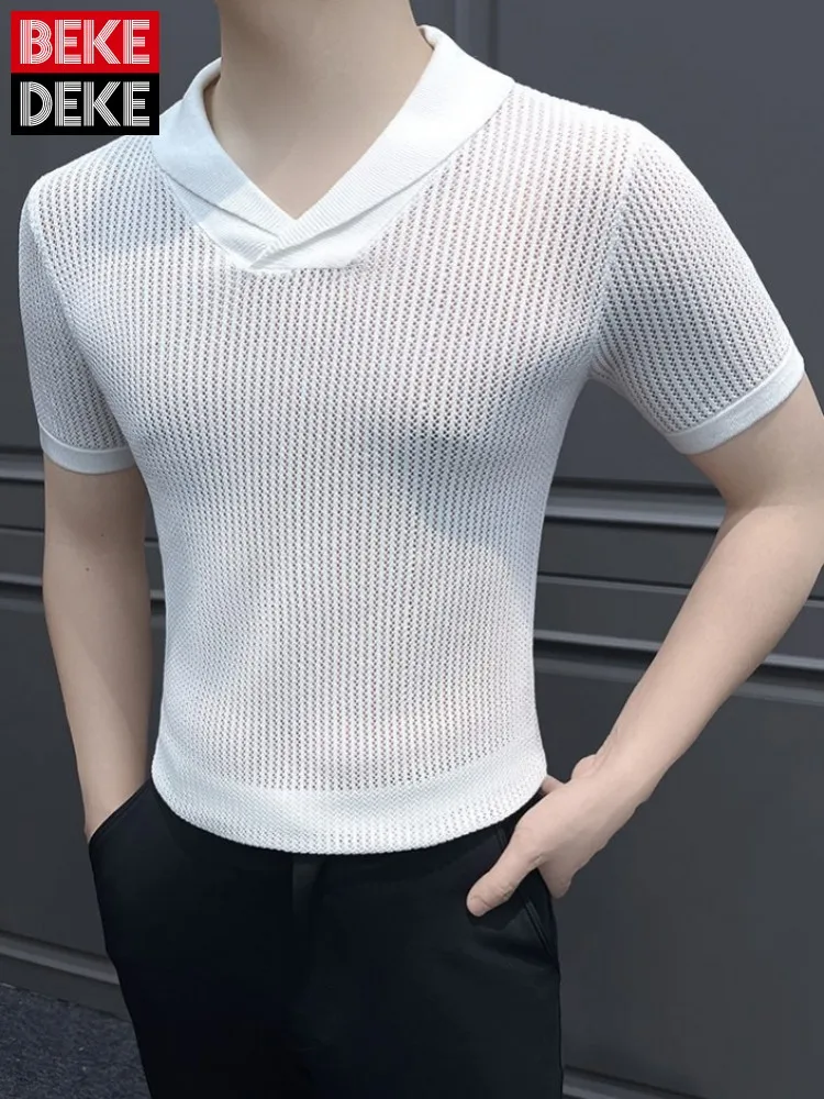 Sexy Male Top Quality V Neck Short Sleeves T-Shirt Fashion Mens Breathable Tees Tops Slim Men Versatile Solid Color Pullover
