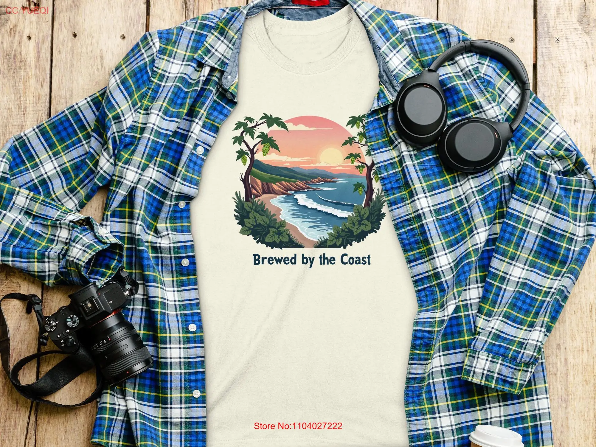 Brewed by the Coast T Shirt Beach Sunset Coastal Vibes Seaside Nature Scene Ocean View long or short sleeves