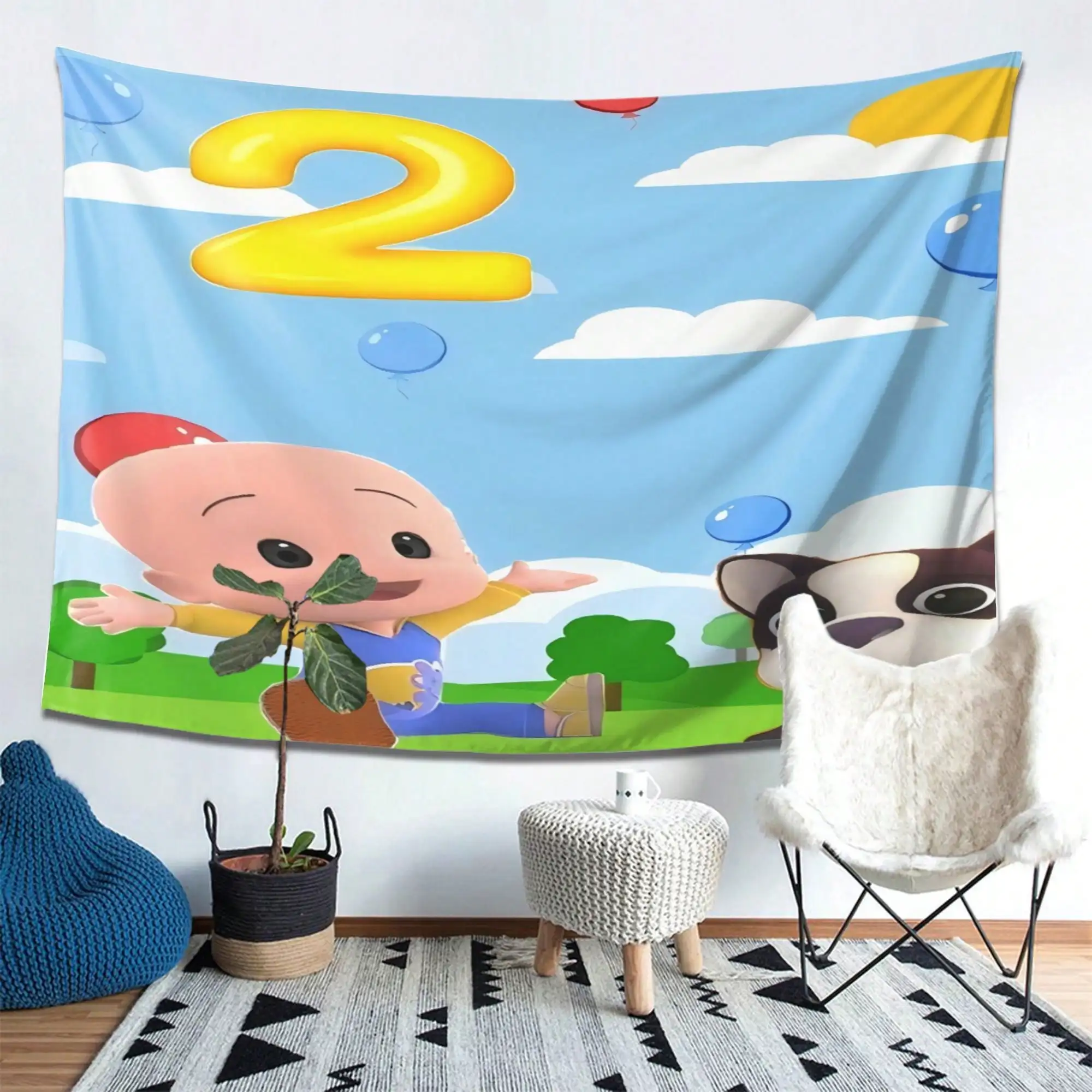 Cute Cartoon Baby Tapestry, Colorful Kids Room Wall Hanging, Funny Red Hat Character Decor, Bright Sky Background Cloth