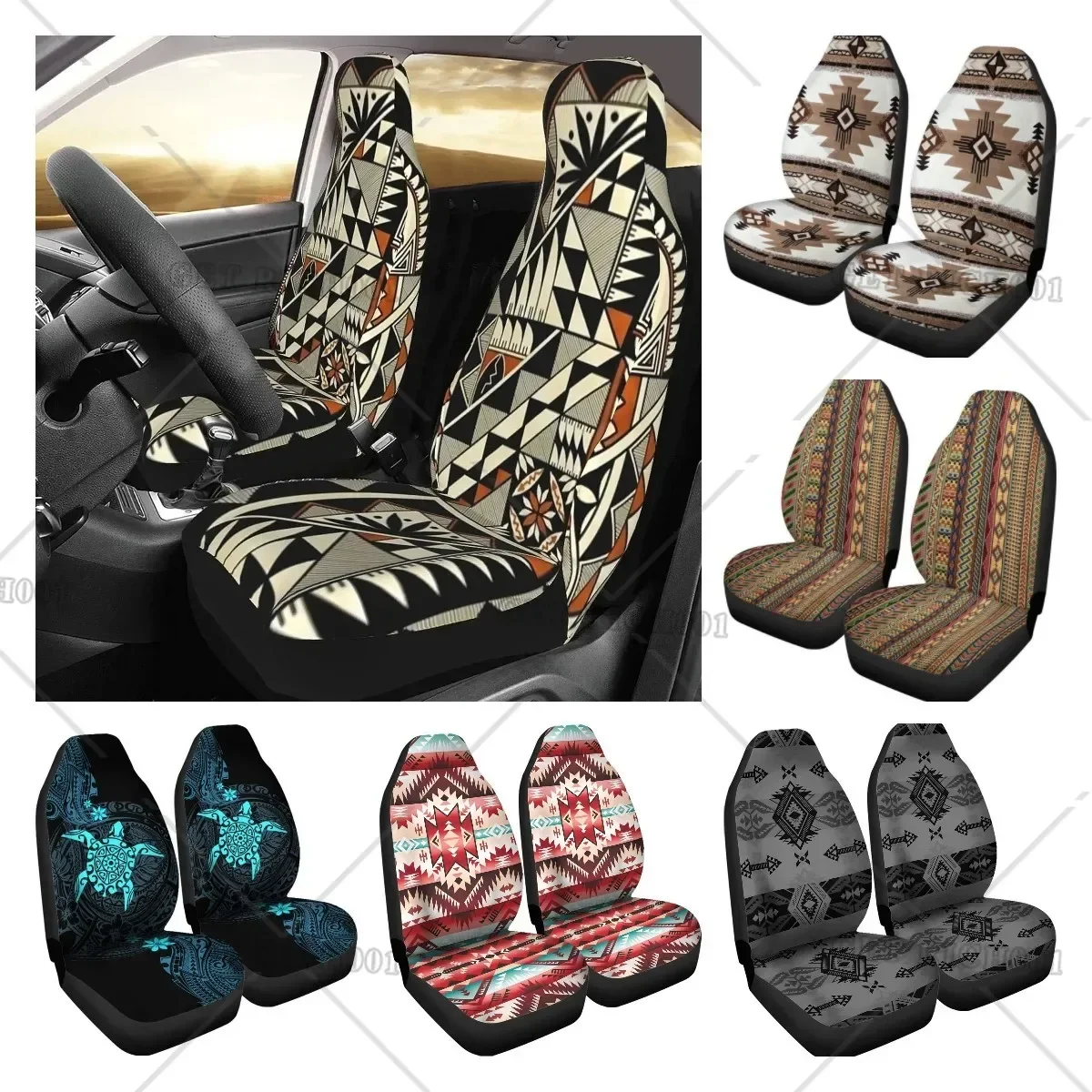 Native Turtles Folk Patterns Zestaw pokrowców na fotele samochodowe 2 szt. Akcesoria do ochrony przedniego siedzenia do uniwersalnego samochodu SUV Van Truck Jeden rozmiar