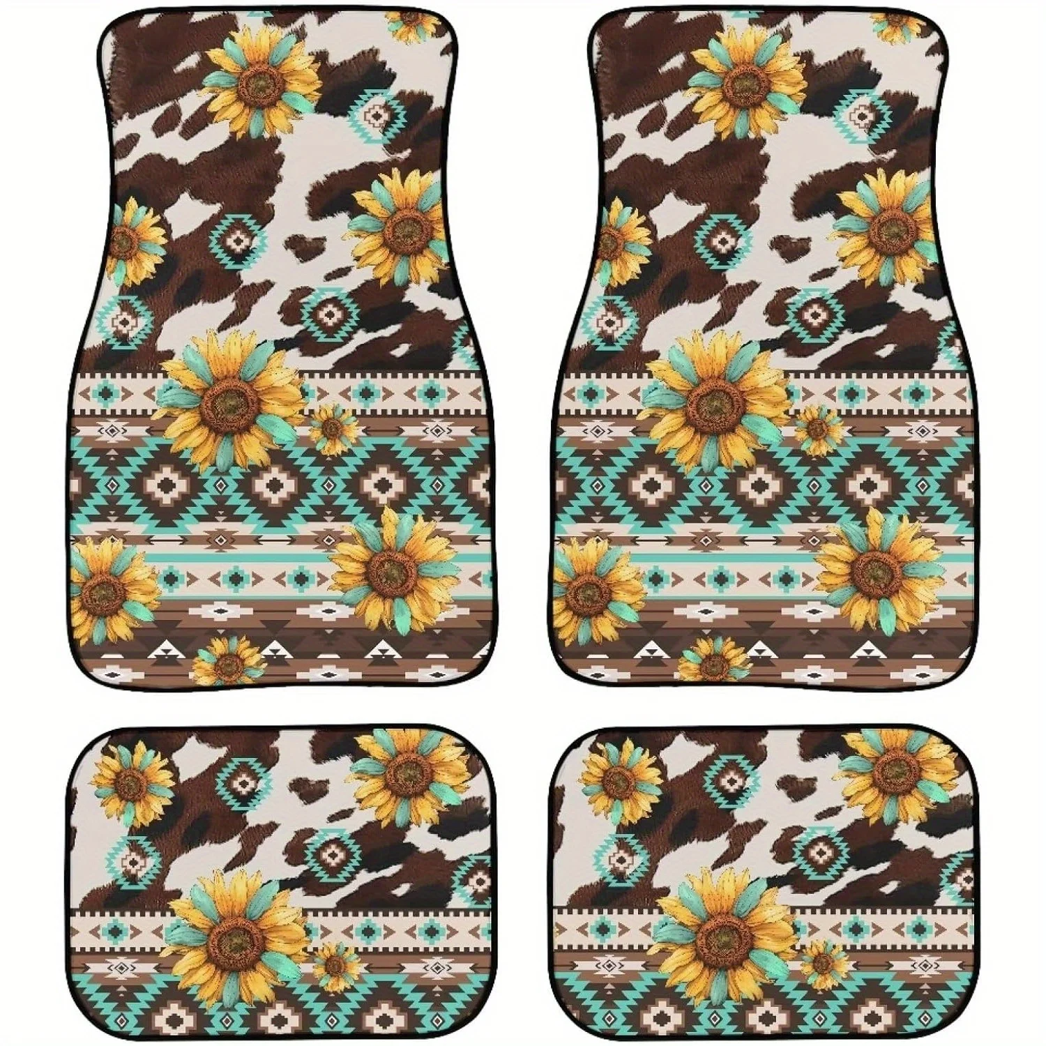 4pcs Car Floor Mats - Sunflower Aztec Tribal Geometric Pattern, Durable PC Material, Fit For All Vehicles, Vibrant Yellow & Blue