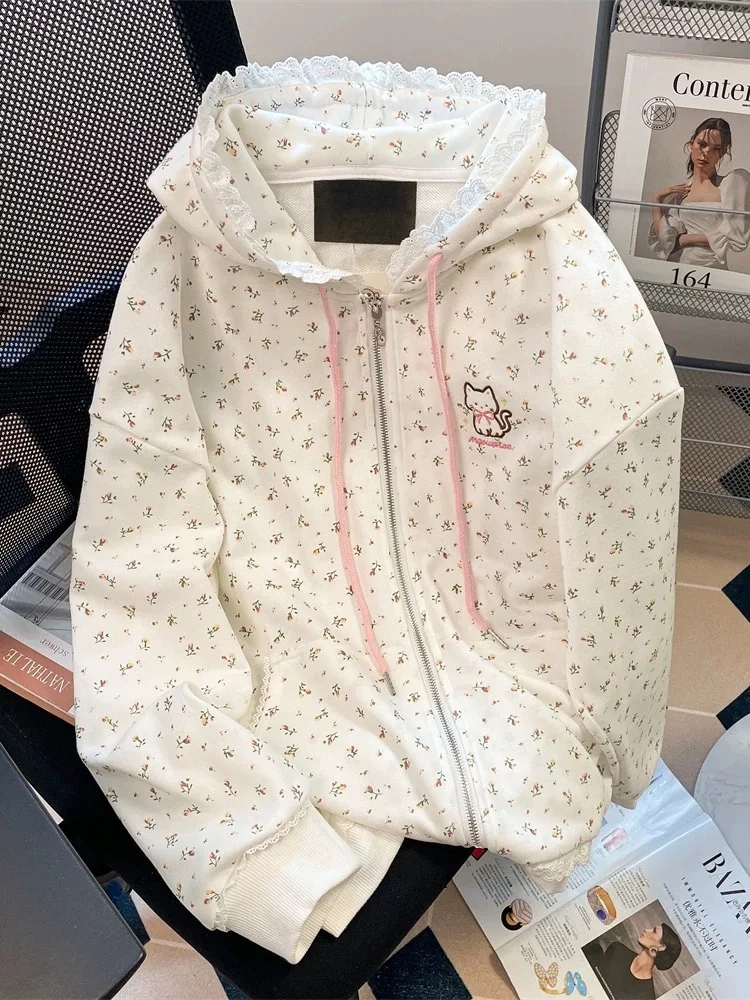 HOUZHOU Kawaii Sweet Harajuku Hoodie Women Japanese Fashion Lace Patchwork Floral Print Cat Embroidery Zipper Hooded Sweatshirt