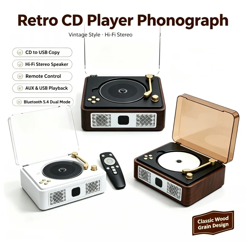 Vintage CD Player Bluetooth 5.4 Turntable Retro Phonograph Support CD DVD WAV USB MP3 Record Mode HIFI Stereo Sound Home Decor