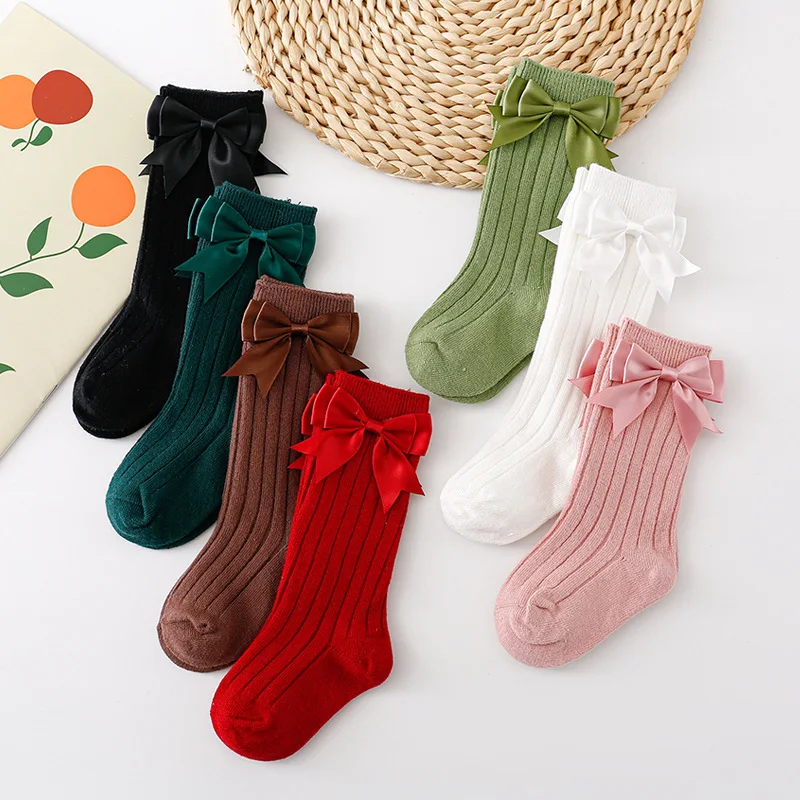 MILANCEL New Spring Kids Knee-high Socks 0-12T Solid Color Bow Girls Mid-calf Socks Pitted Stripe Children Princess Socks