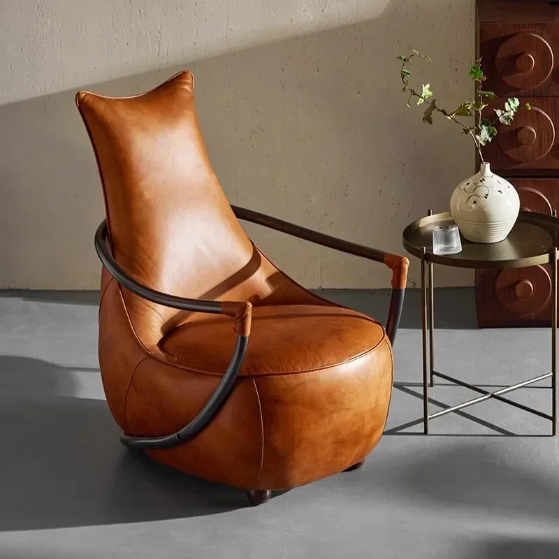 

Leather single designer leisure chair retro oil wax leather minimalist single chair