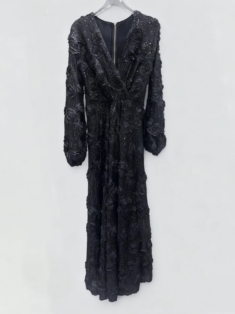 VGH فستان وردي ثلاثي الأبعاد مثير للنساء بياقة على شكل V وأكمام طويلة مرقع ترتر للتخسيس والحفلات المسائية فساتين طويلة موضة نسائية