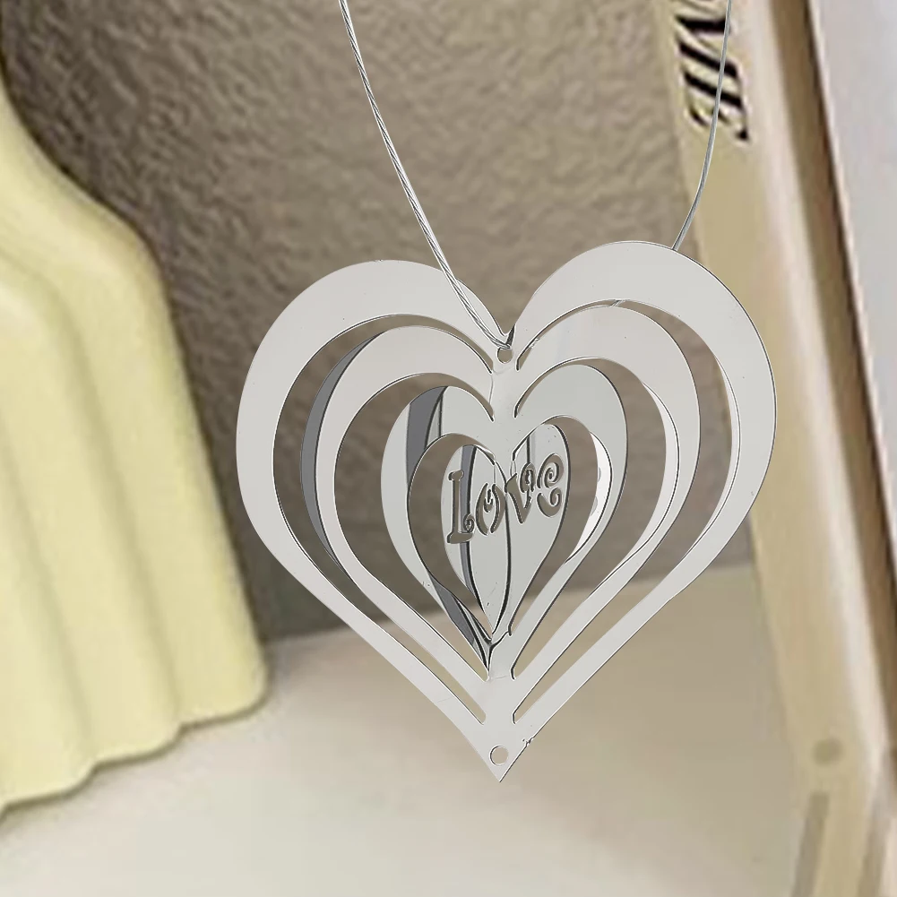 5cm Metal 3D Heart-Shaped LOVE Rotating Wind Chime Garden Balcony Bird Repellent Courtyard Wind Vane Eaves Hanging Ornament